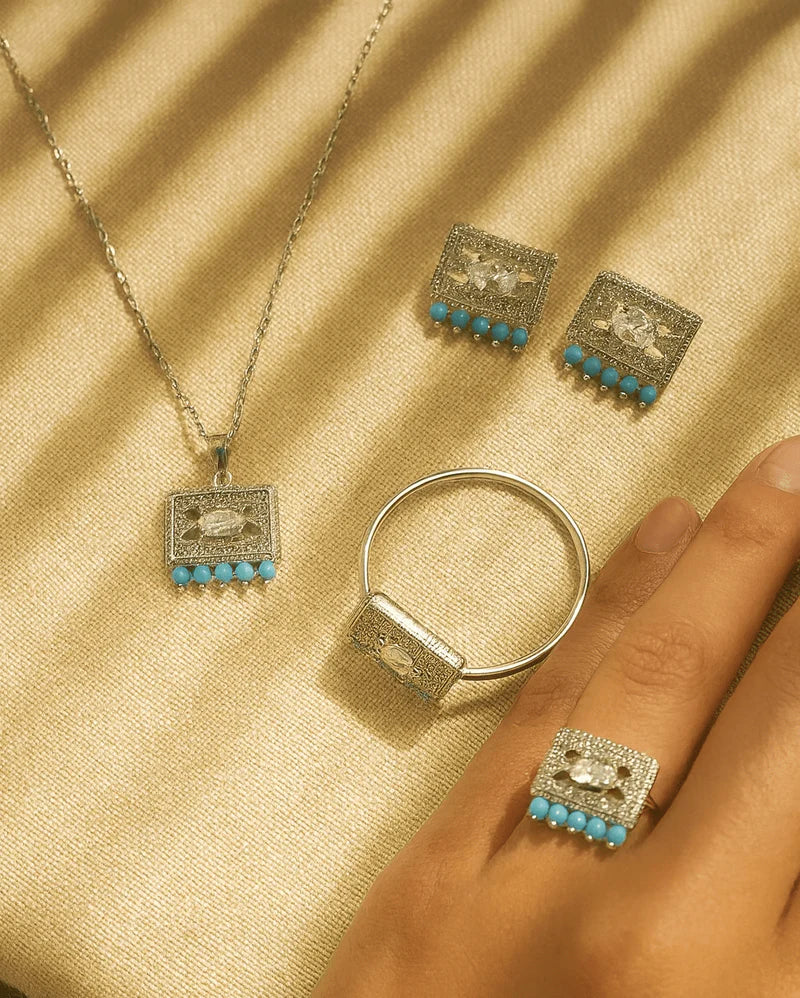 Silver Rectangle Crystal & Pearl Jewelry Set